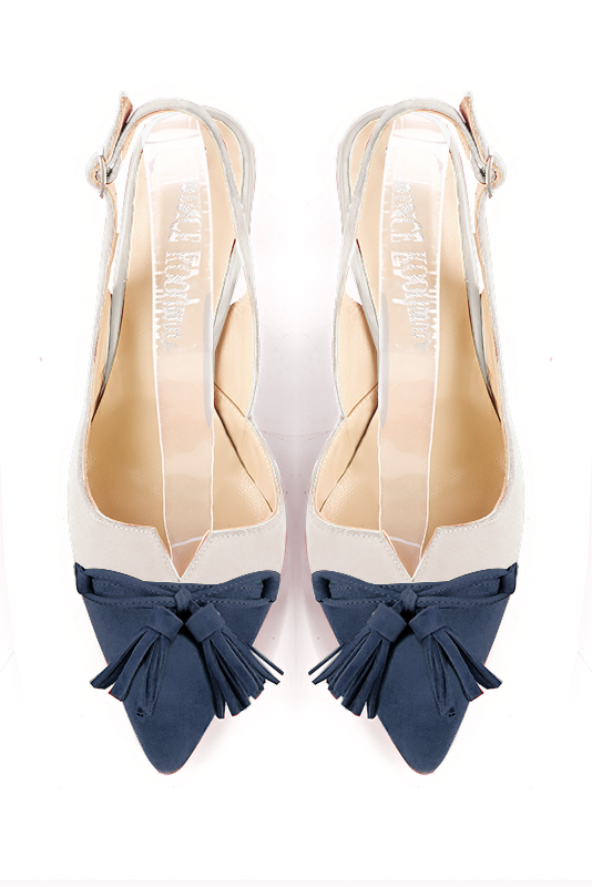 Denim blue and off white women's open back shoes, with a knot. Tapered toe. Medium slim heel. Top view - Florence KOOIJMAN